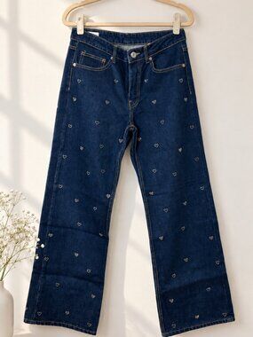 Dark Wash Wide Leg Jeans Rhinestone Heart Detail Size 6 / EU 38